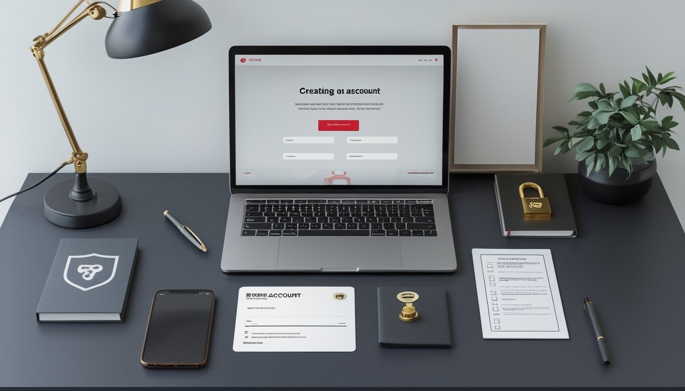 Meja kerja modern dengan laptop, ponsel, buku catatan, gembok keamanan, dan dokumen identitas tertutup sebagai persiapan membuat akun online.
