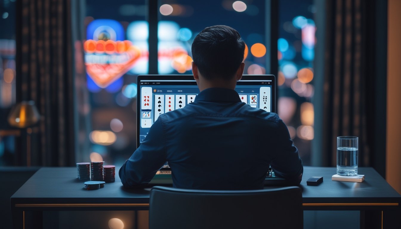 Seseorang mempelajari permainan blackjack daring di laptop dengan latar lampu Las Vegas pada malam hari.