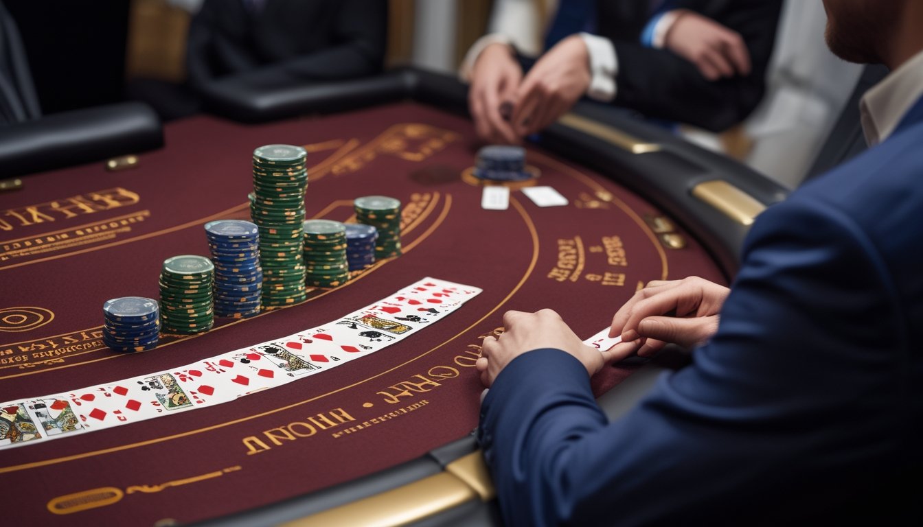 Pemain dan dealer berada di meja blackjack dengan kartu serta tumpukan chip yang tertata.