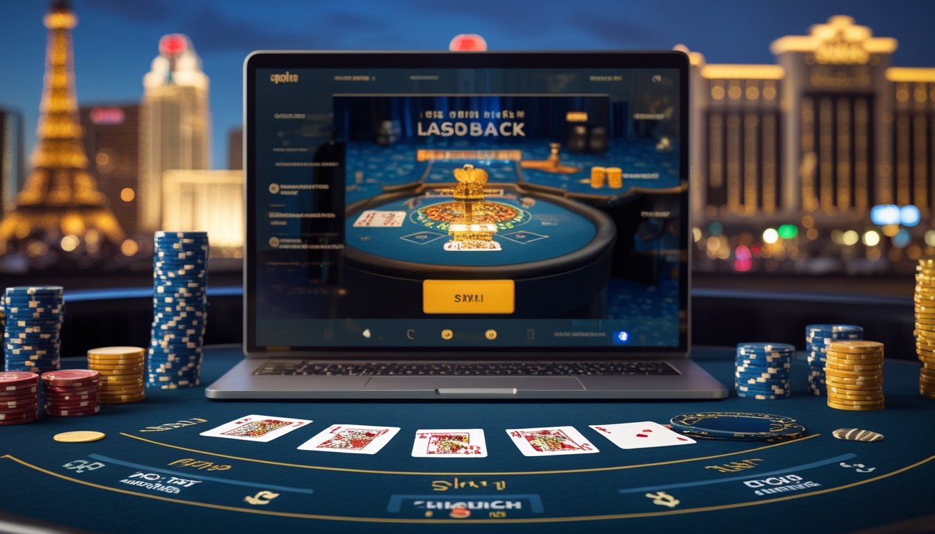 Meja blackjack dengan kartu dan keping kasino di depan pemandangan kota bergaya Las Vegas serta perangkat digital.
