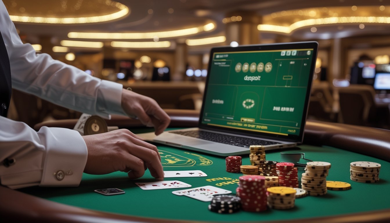 Meja blackjack dengan kartu, keping taruhan, dan perangkat digital di suasana kasino yang elegan.