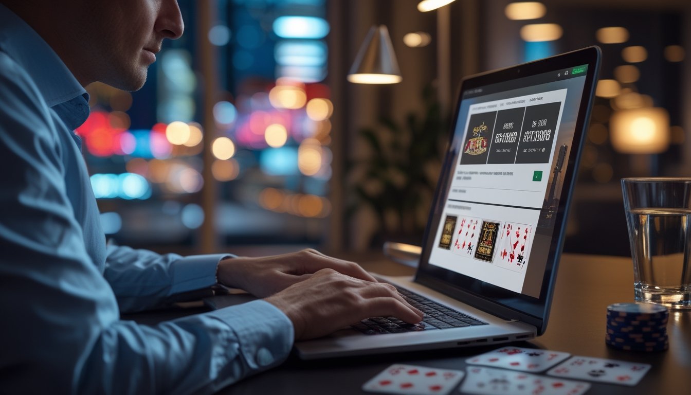 Seorang pemain dewasa fokus bermain blackjack online di laptop dengan suasana bergaya Las Vegas.