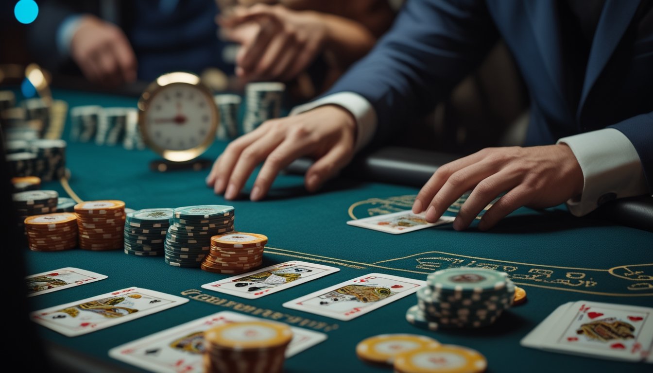 Meja blackjack dengan kartu, keping kasino, tangan dealer, dan jam digital buram di latar belakang.