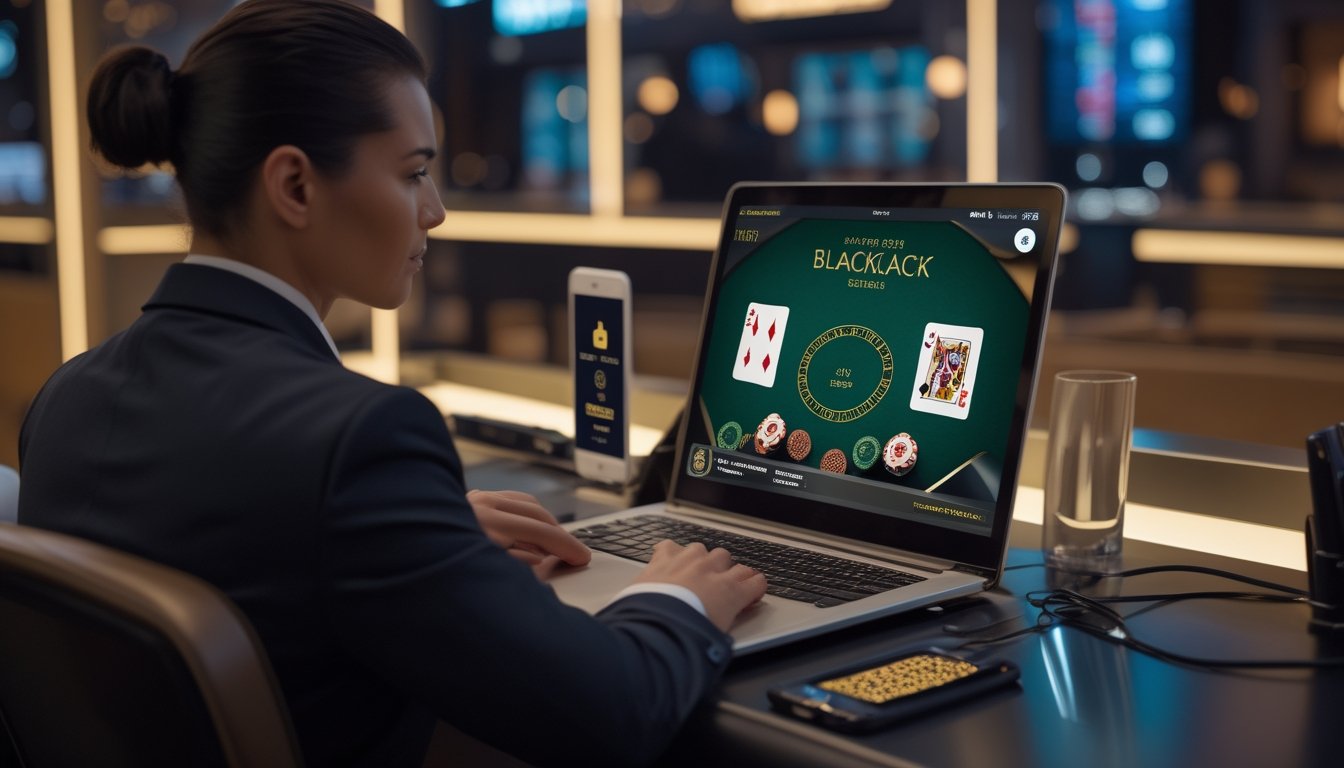 Orang dewasa bermain blackjack online melalui laptop di ruang modern dengan suasana profesional dan aman.