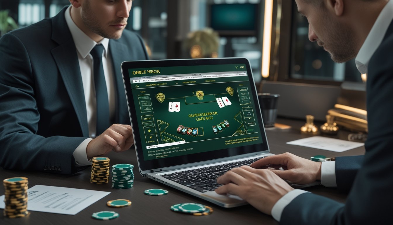 Seorang pemain meninjau platform blackjack online bersama konsultan yang memeriksa tanda keamanan dan legalitas.