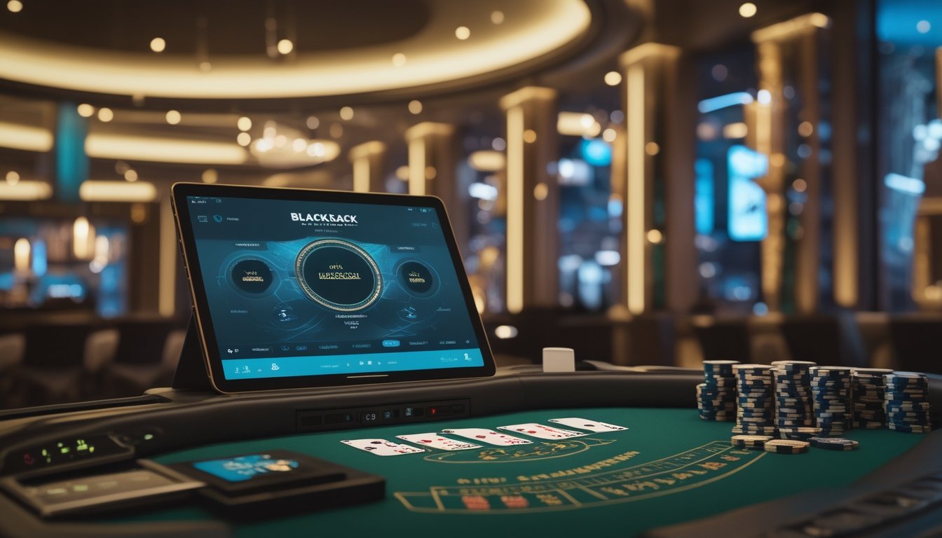 Meja blackjack elegan di kasino modern dengan kartu, chip, dan dealer berlatar suasana malam Las Vegas.
