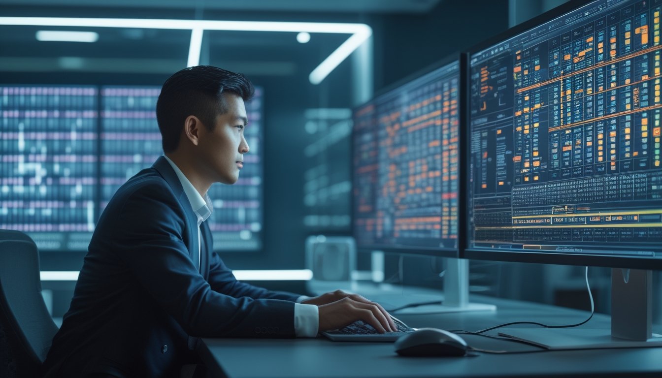 Seorang profesional mengamati visualisasi data abstrak pada beberapa monitor di kantor modern.