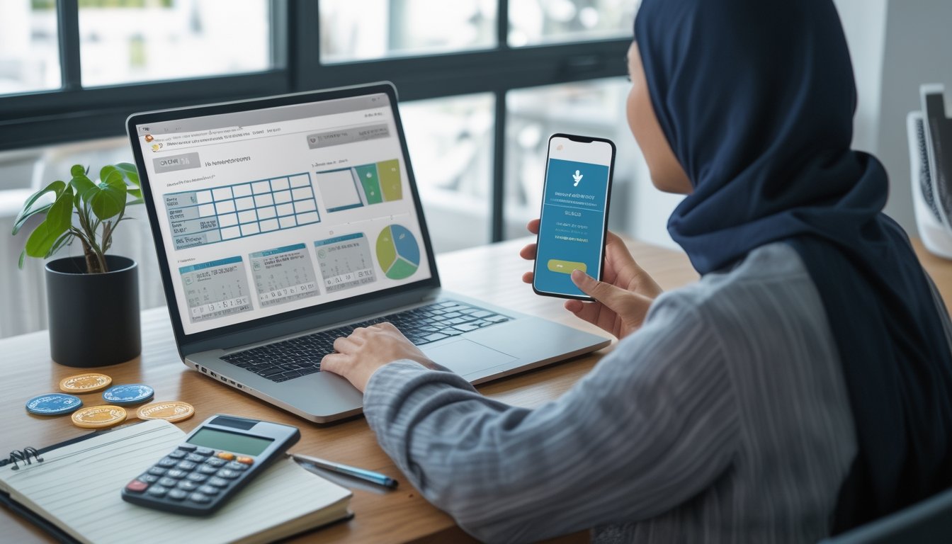 Orang dewasa menganalisis pola angka dan grafik abstrak di laptop pada meja kerja modern.