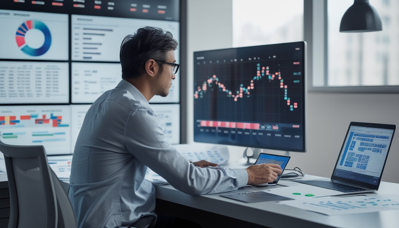 Analis dewasa mempelajari grafik statistik dan kombinasi angka abstrak di kantor modern.