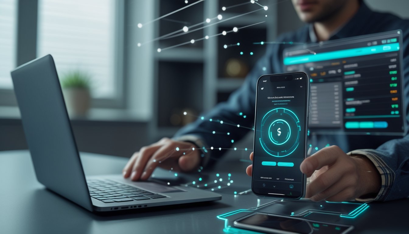 Orang dewasa melihat dasbor analisis olahraga dan pembayaran digital di laptop serta ponsel.