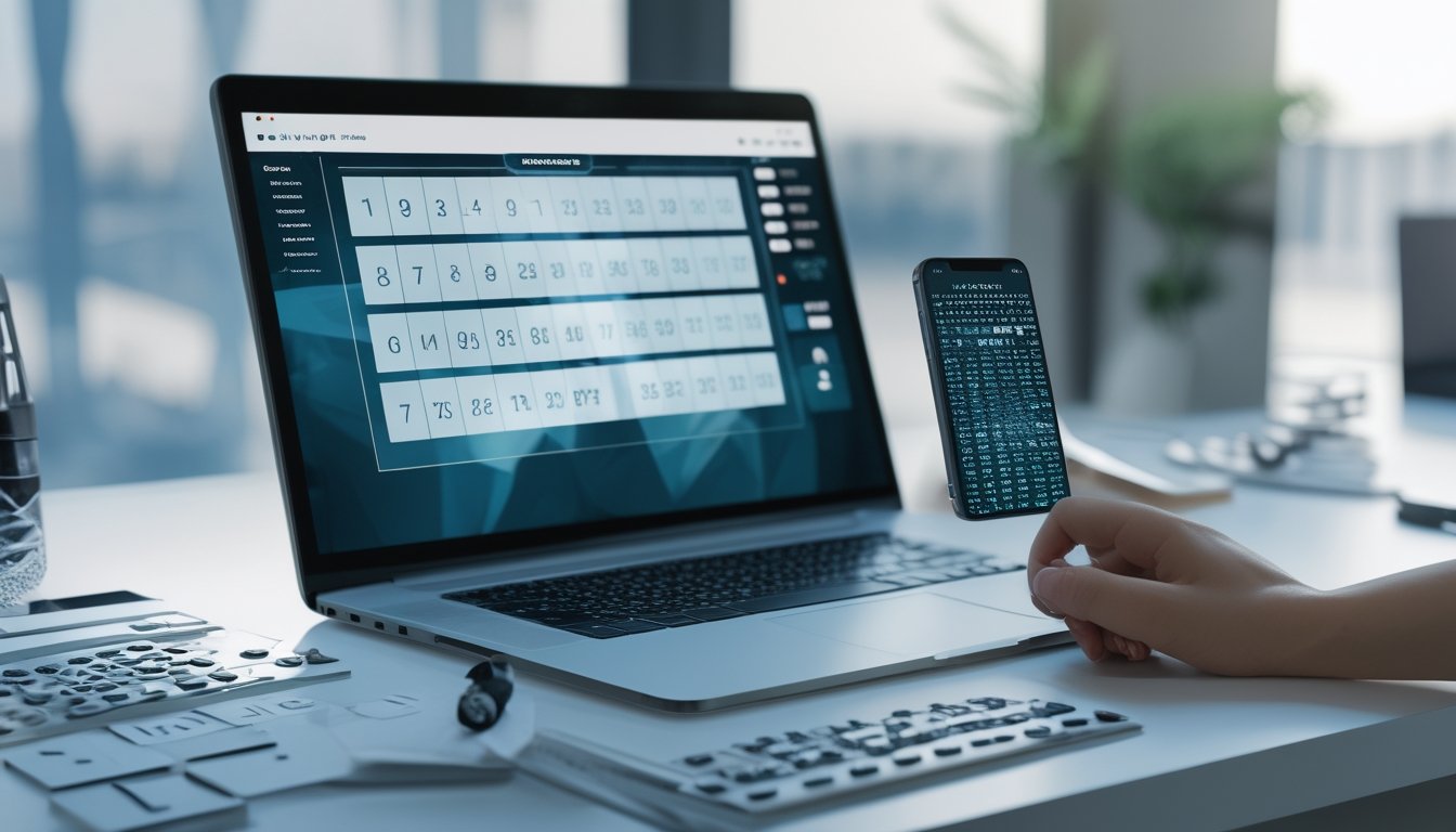 Meja kerja modern dengan laptop dan ponsel yang menampilkan pola angka serta grafik abstrak.