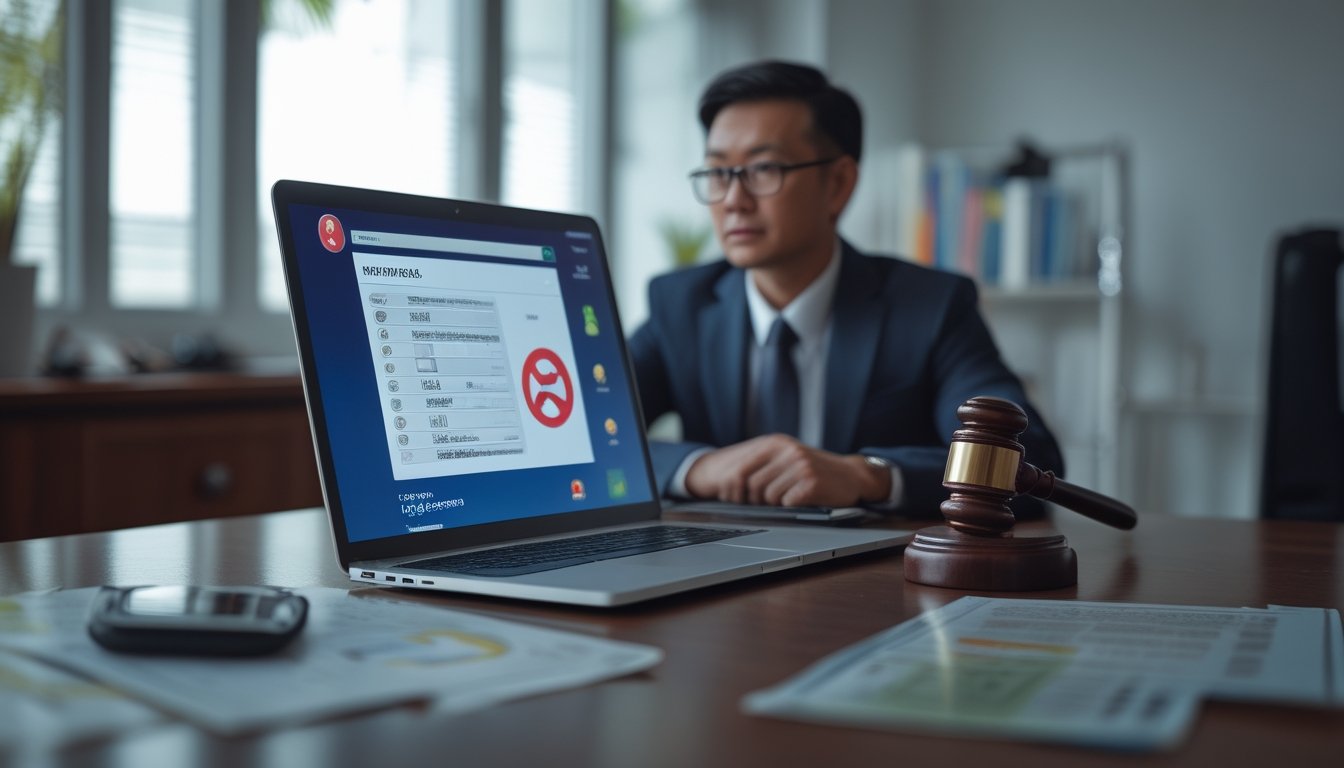 Seorang profesional Indonesia meninjau laptop, ponsel, dan dokumen hukum terkait risiko perjudian online.