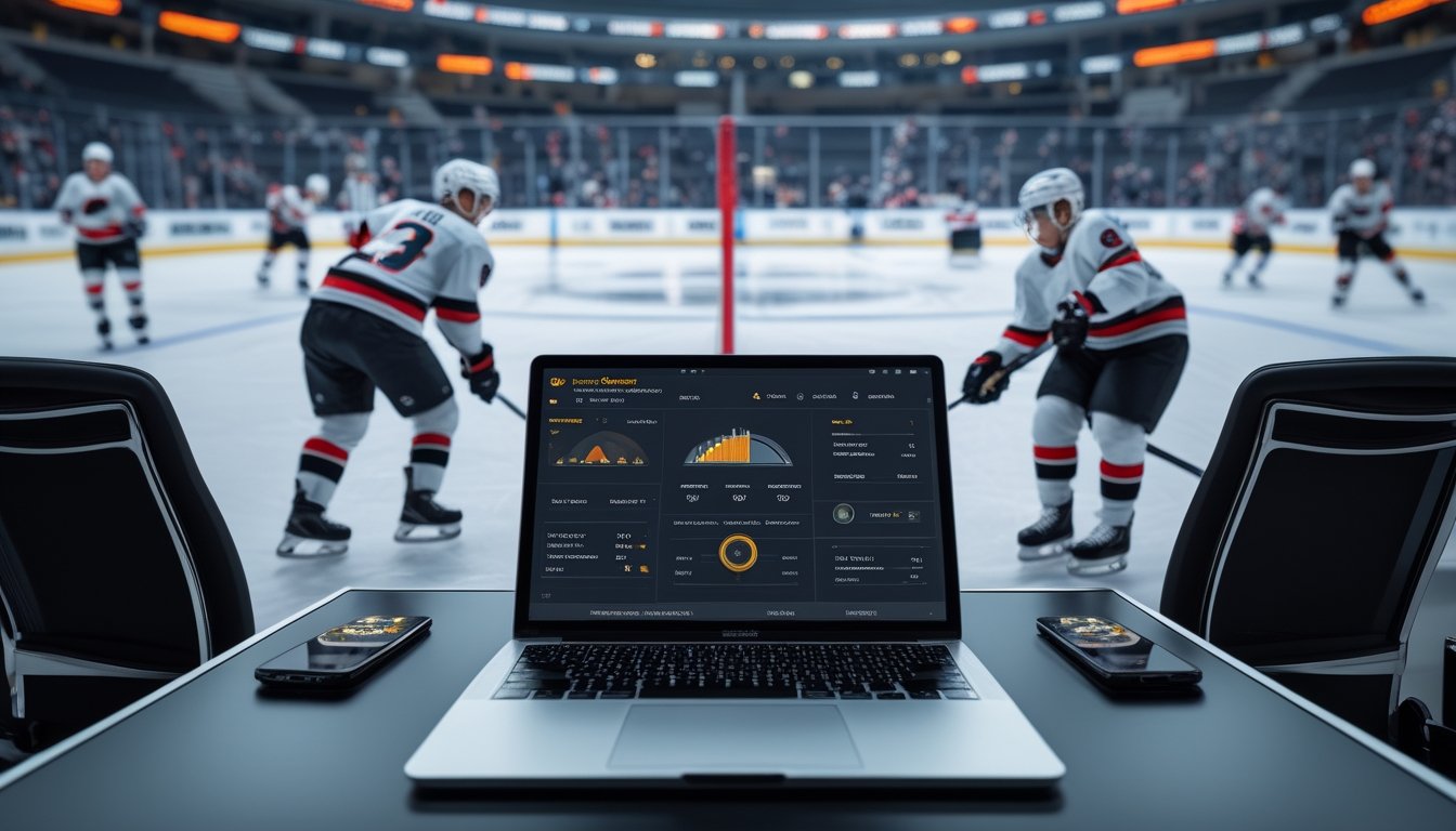 Pemain hoki bertanding di arena es dengan laptop dan ponsel yang menampilkan data pertandingan abstrak.