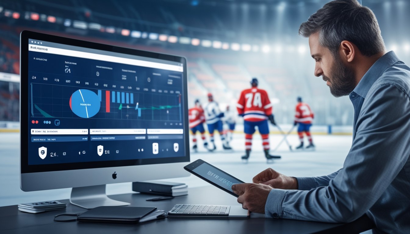 Analis olahraga meninjau data pertandingan hoki di depan layar statistik dengan arena hoki yang tampak di latar belakang.