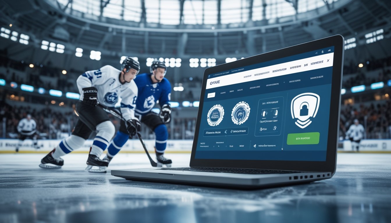 Pertandingan hoki es berlangsung di arena dengan laptop dan ponsel yang menampilkan antarmuka taruhan olahraga aman.