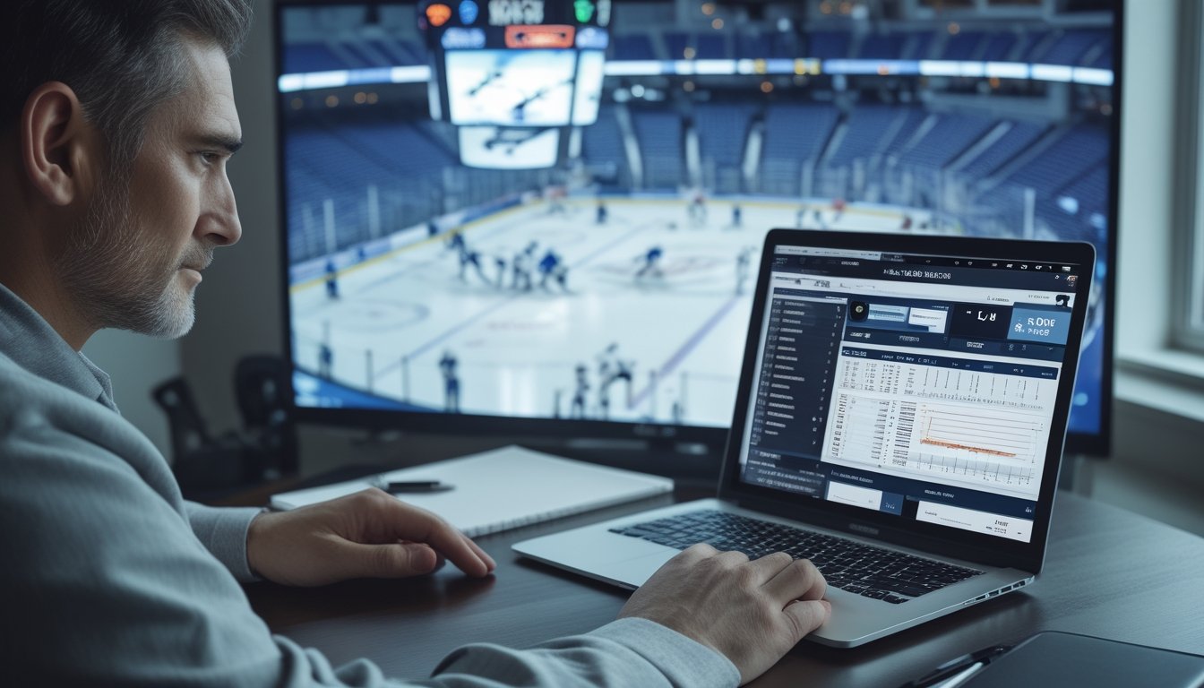 Penggemar hoki mempelajari statistik pertandingan NHL di laptop dengan layar pertandingan hoki es di latar belakang.