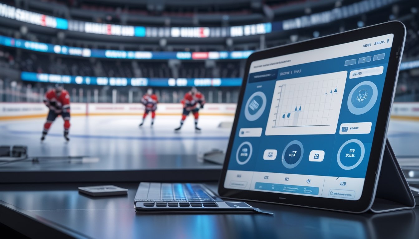 Meja analisis olahraga dengan layar pertandingan hoki es dan perangkat digital berisi grafik statistik abstrak.