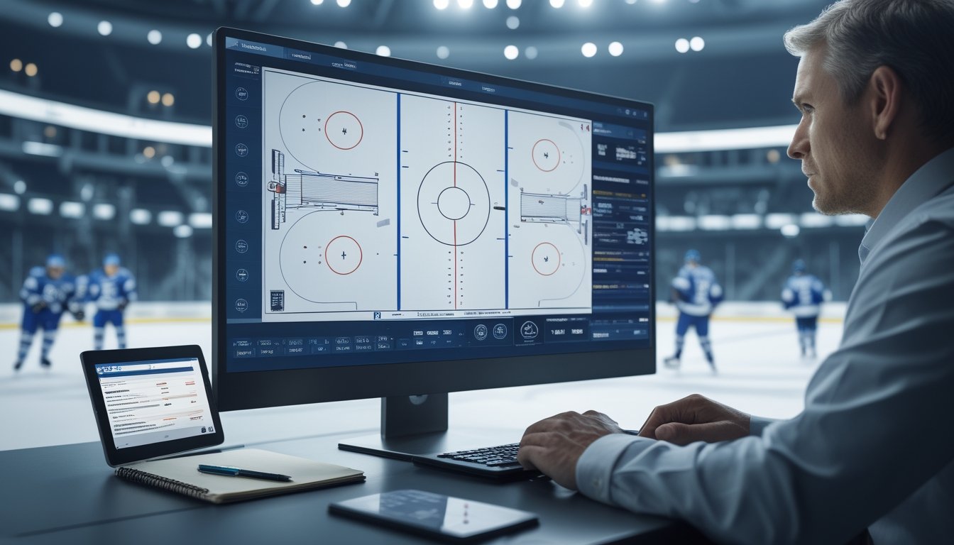 Seorang analis mempelajari data pertandingan hoki es di ruang kerja modern dengan arena hoki sebagai latar belakang.