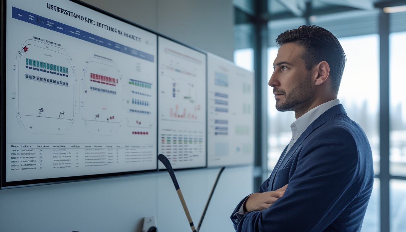 Analis olahraga mempelajari diagram lapangan hoki dan visualisasi data di kantor modern.