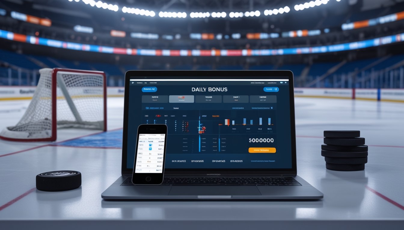 Arena hoki es dengan laptop dan ponsel yang menampilkan antarmuka taruhan olahraga abstrak.