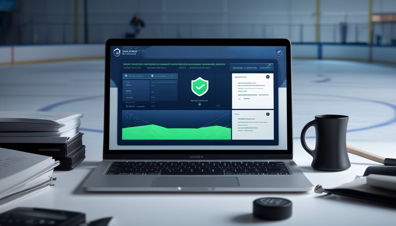 Laptop dengan simbol keamanan, dokumen kepatuhan, dan perlengkapan hoki di ruang kerja modern.