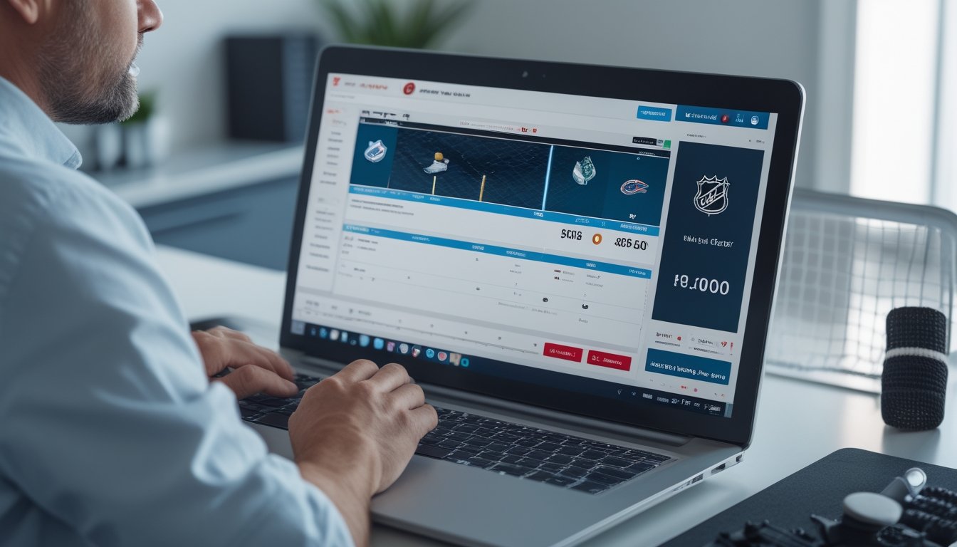 Penggemar hoki es menggunakan laptop di ruang kerja modern dengan perlengkapan hoki di sekitarnya.