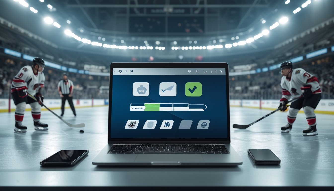 Pertandingan hoki es yang sportif dengan wasit, penonton, dan laptop yang menampilkan antarmuka taruhan hoki tanpa tulisan.