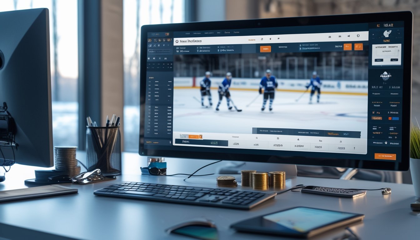 Seorang dewasa melihat pertandingan hoki es dan antarmuka taruhan digital di ruang olahraga modern.