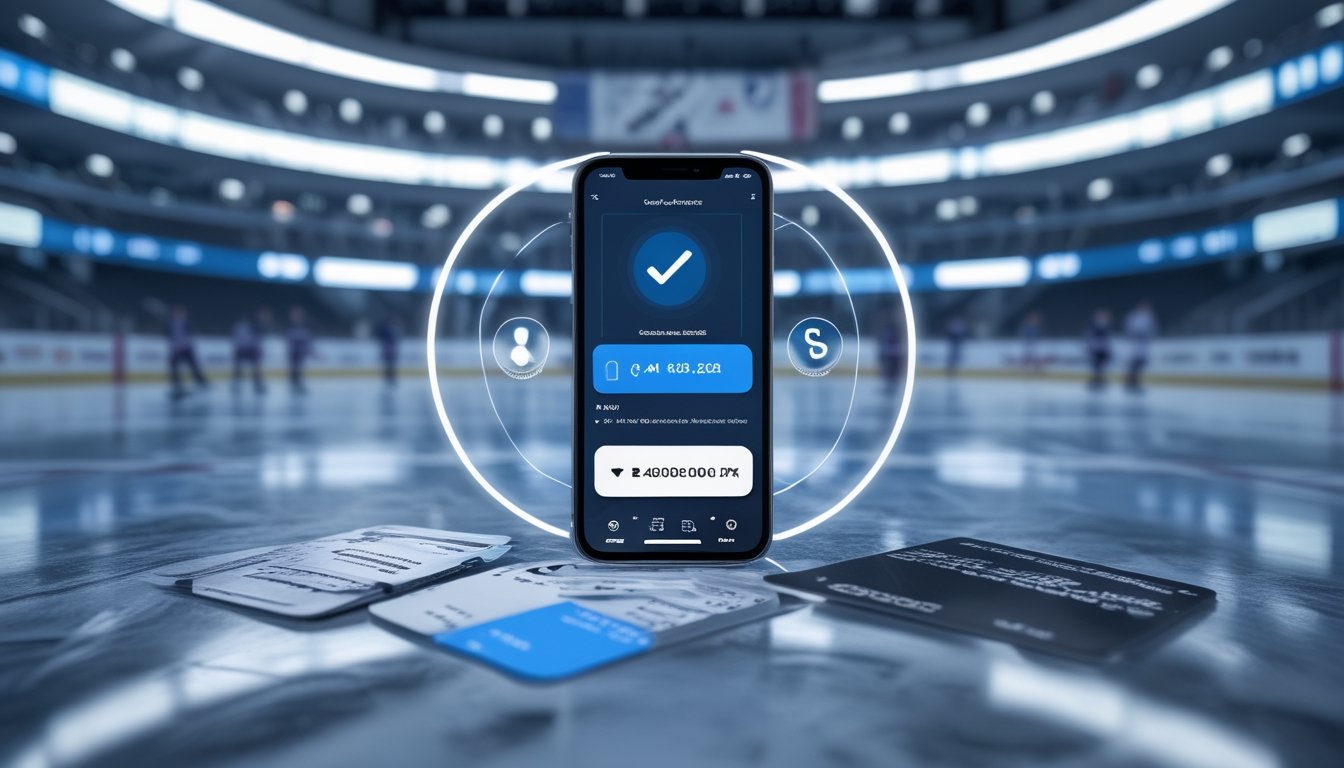 Ponsel menampilkan antarmuka olahraga dengan latar arena hoki es dan simbol pembayaran digital yang aman.
