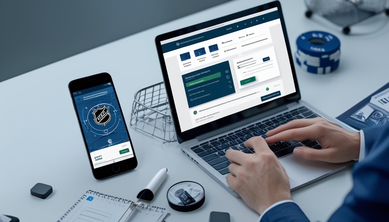 Meja kerja dengan ponsel, laptop, simbol keamanan, dan perlengkapan hoki yang menggambarkan pemeriksaan legalitas serta keamanan platform taruhan olahraga.