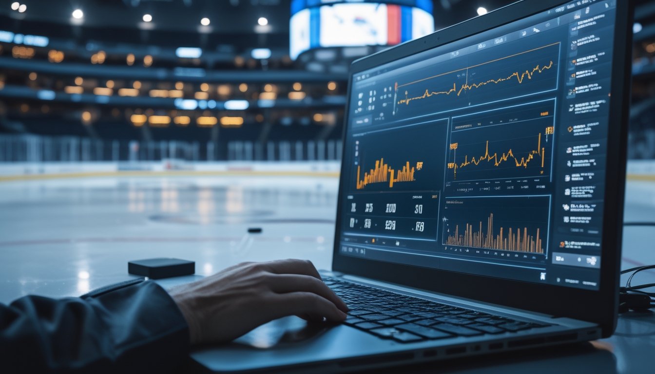 Analis olahraga mempelajari statistik pertandingan hoki es di arena sebelum pertandingan malam.