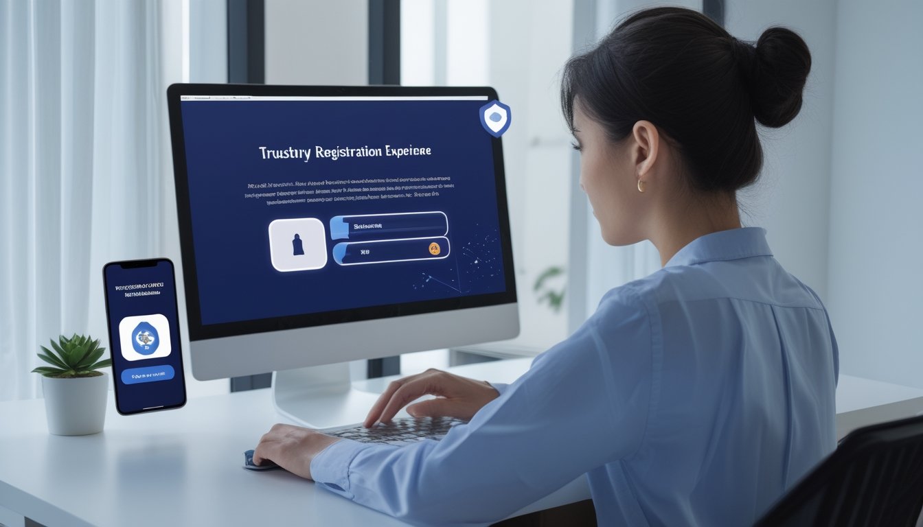 Orang dewasa menggunakan laptop untuk menyelesaikan pendaftaran akun online di meja kerja modern.