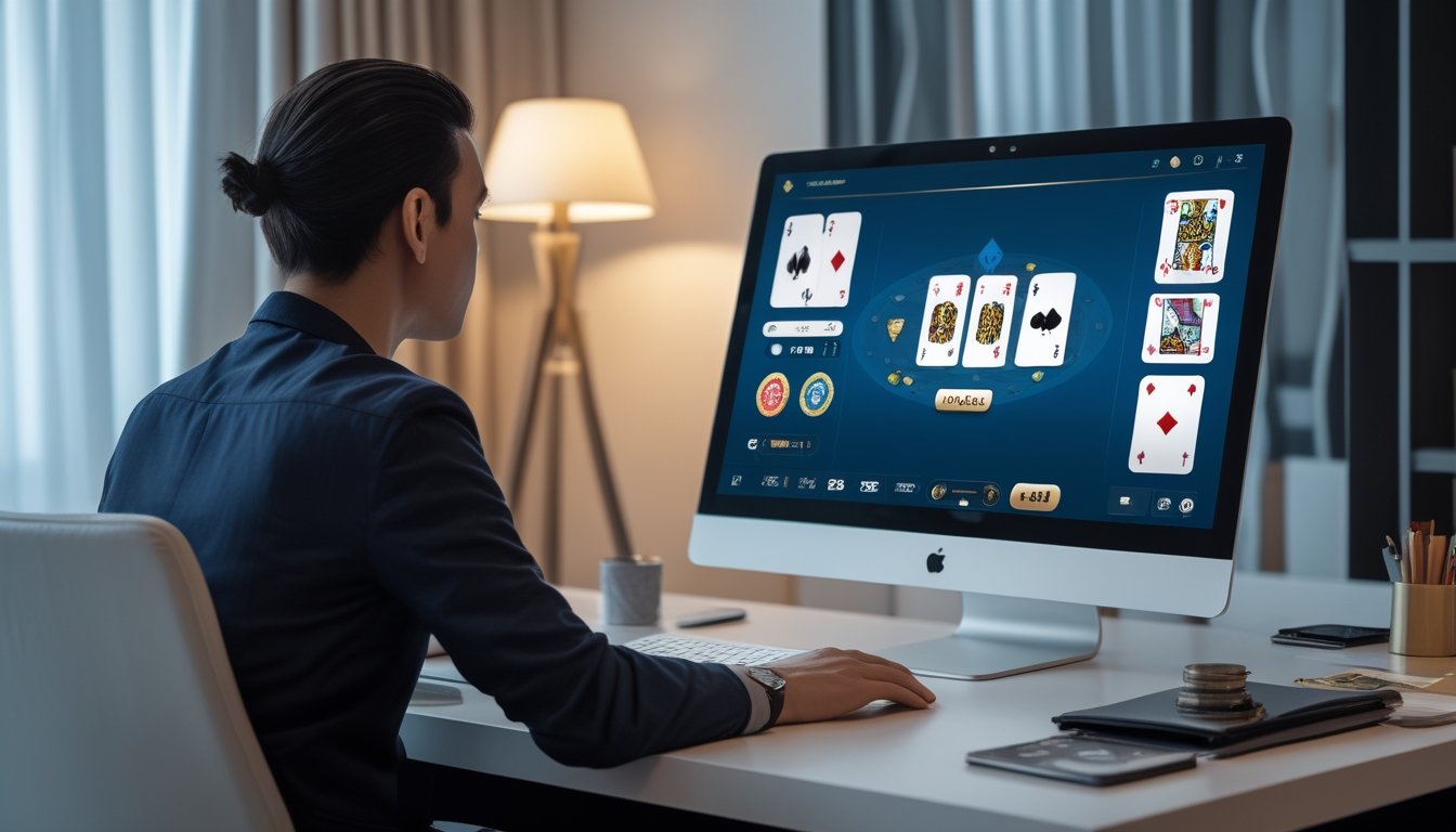 Seorang pemain melihat permainan kartu digital di laptop dengan kartu, chip, dan catatan strategi di atas meja.