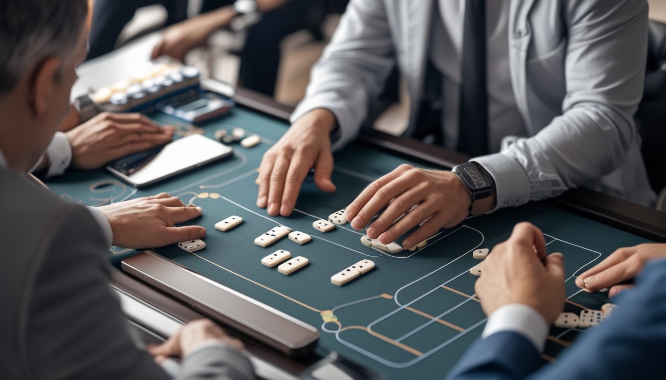 Dealer menjelaskan urutan permainan domino kepada beberapa pemain di meja permainan.