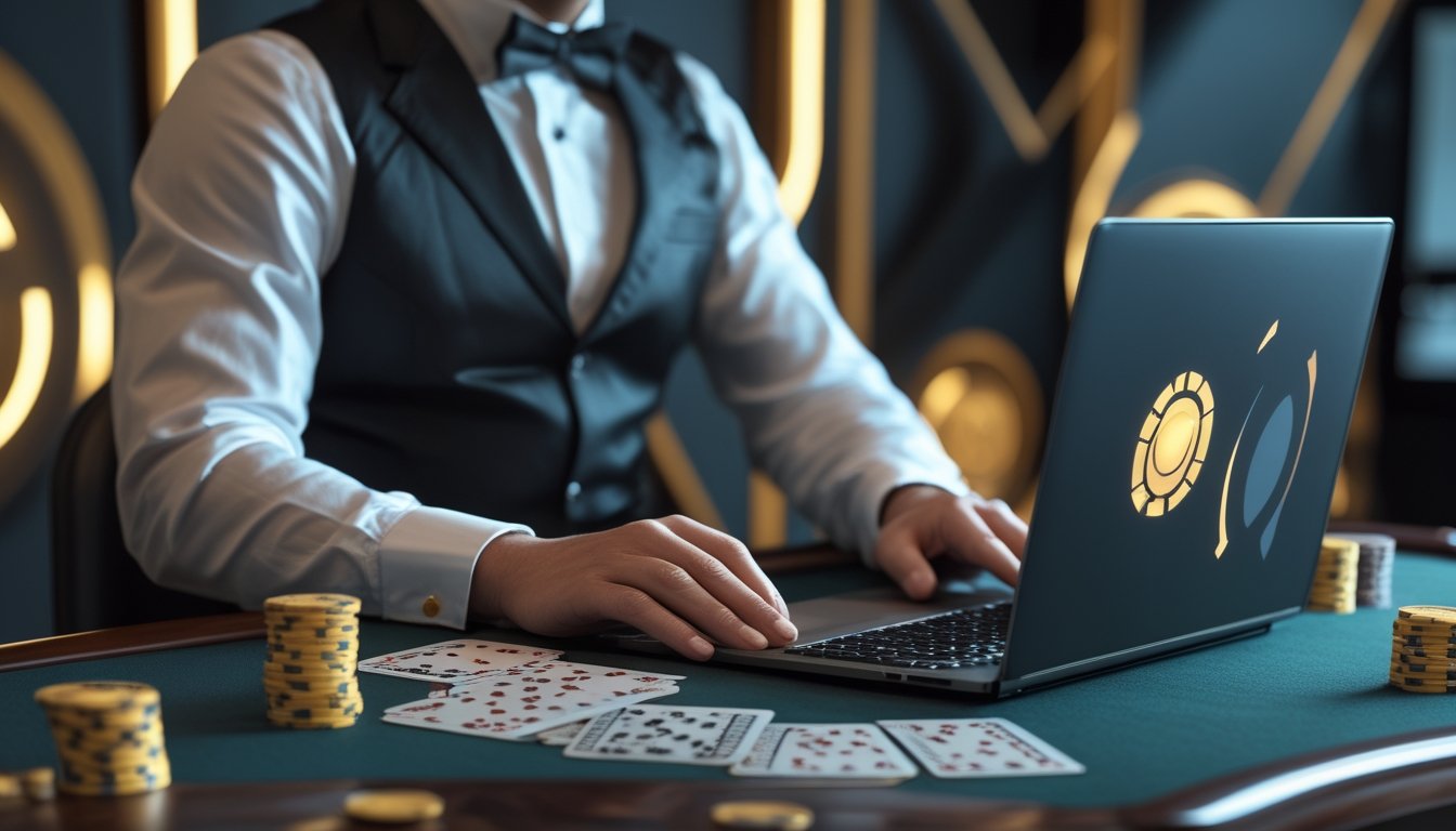 Dealer kartu profesional duduk di meja permainan dengan kartu, chip, dan laptop.