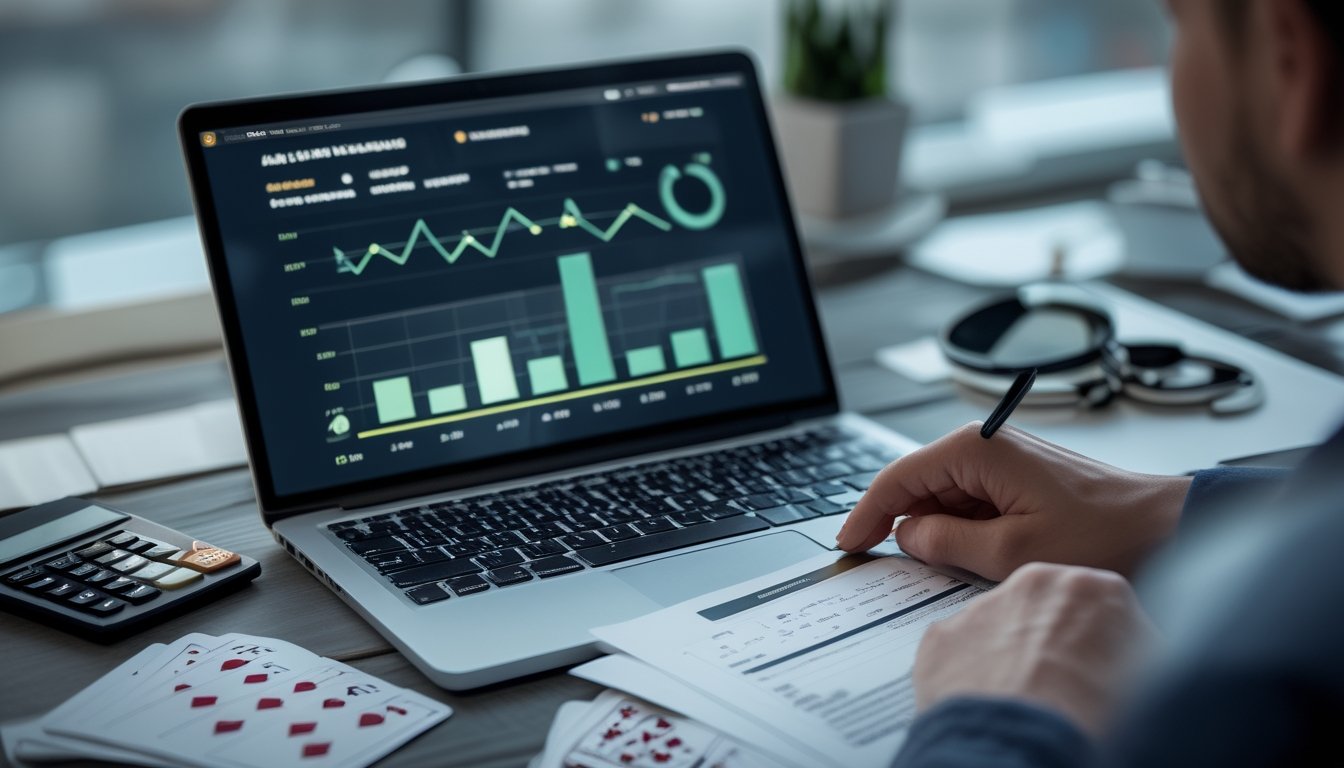 Seseorang memeriksa grafik statistik dan kartu permainan di samping laptop dengan tampilan analitik.