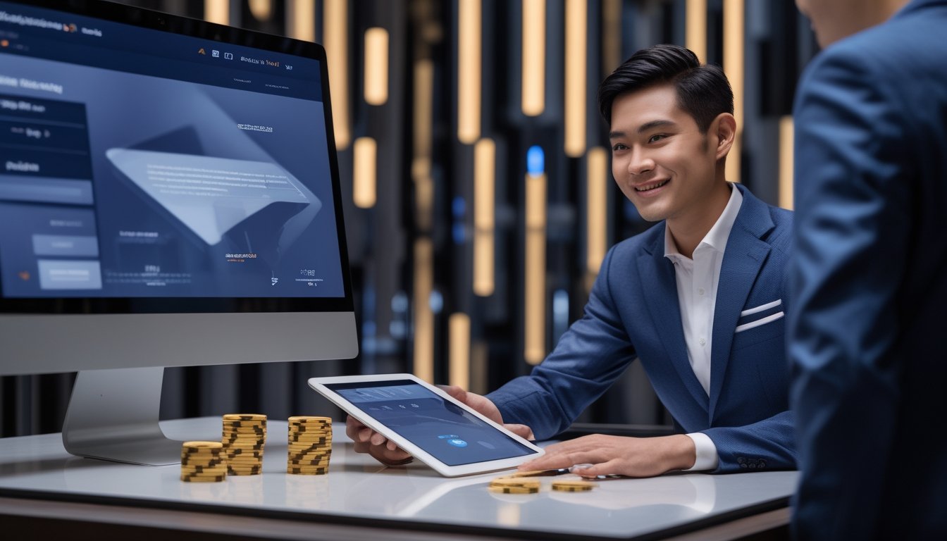 Seorang profesional Indonesia membantu pengguna mengatur akun digital di meja modern dengan laptop, tablet, dan ponsel.