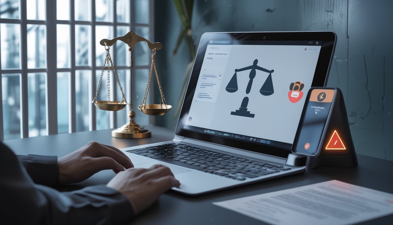 Laptop, dokumen hukum, simbol keamanan digital, dan tanda peringatan di atas meja kerja.