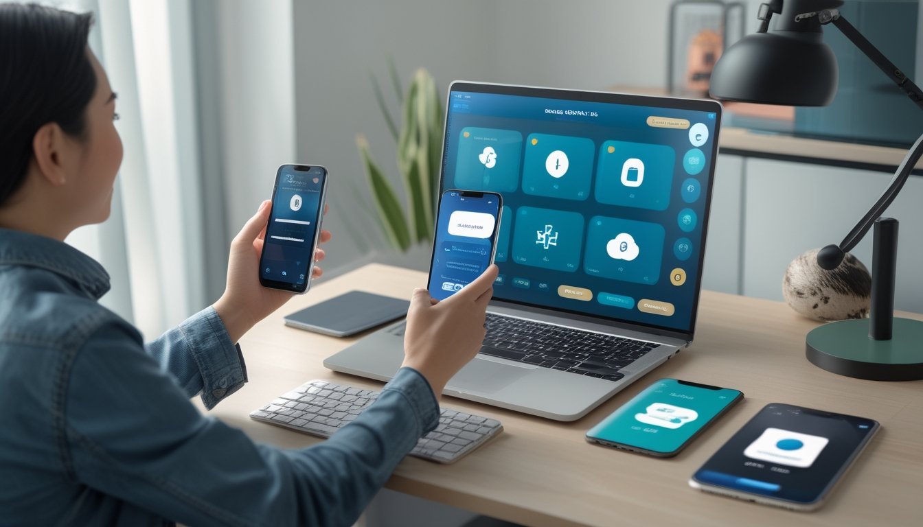 Pengguna tersenyum menggunakan ponsel untuk mengakses permainan kartu dan pembayaran digital di meja kerja.