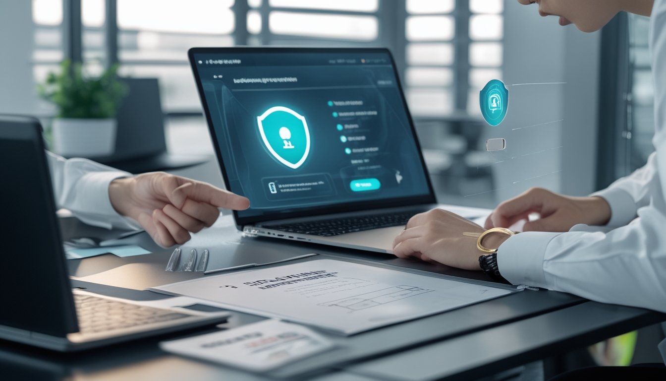 Seseorang menilai keamanan dan legalitas platform digital menggunakan laptop, ponsel, simbol perisai, serta daftar pemeriksaan.