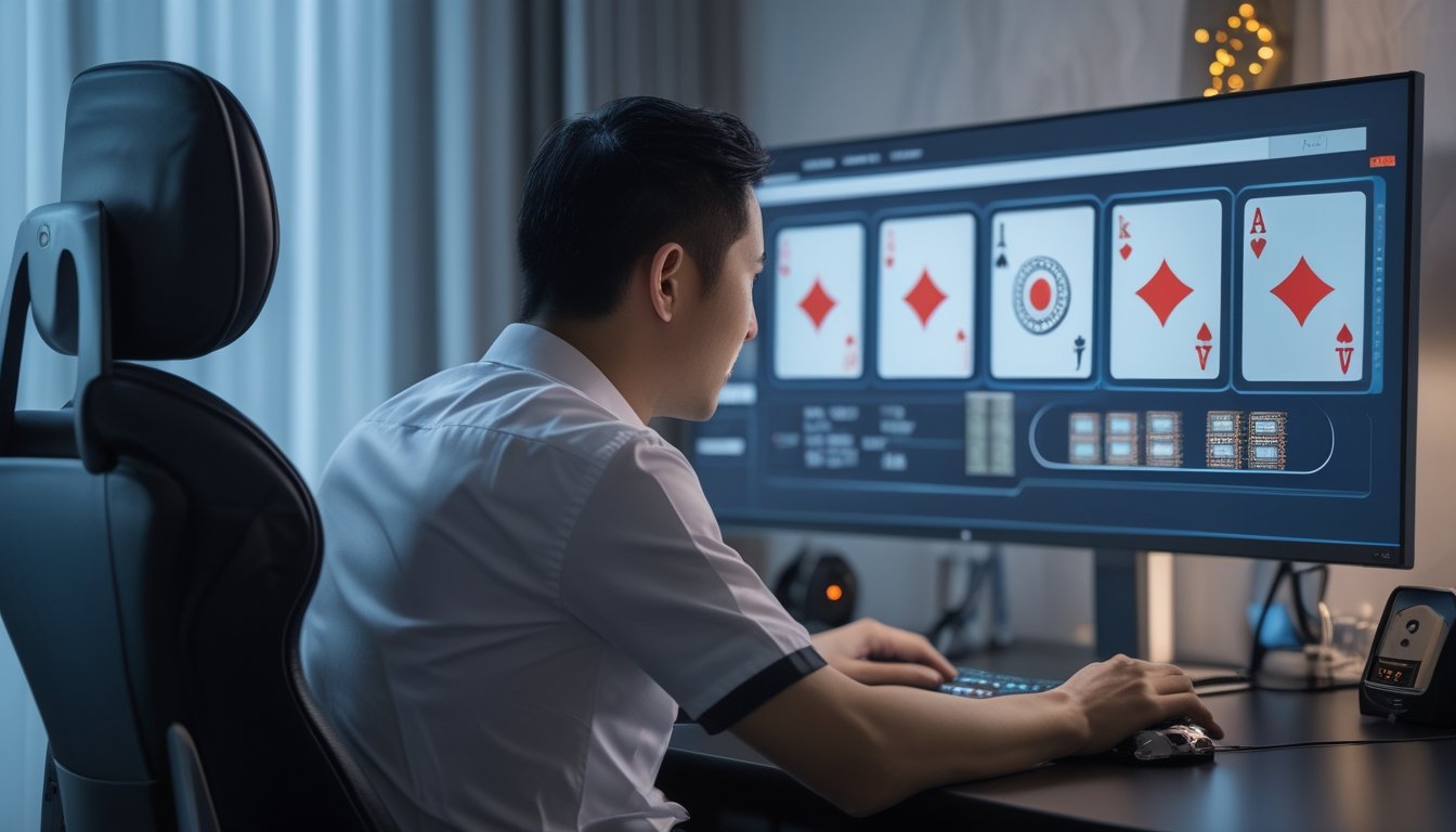 Seorang pemain dewasa fokus mempelajari permainan kartu digital di meja kerja modern.