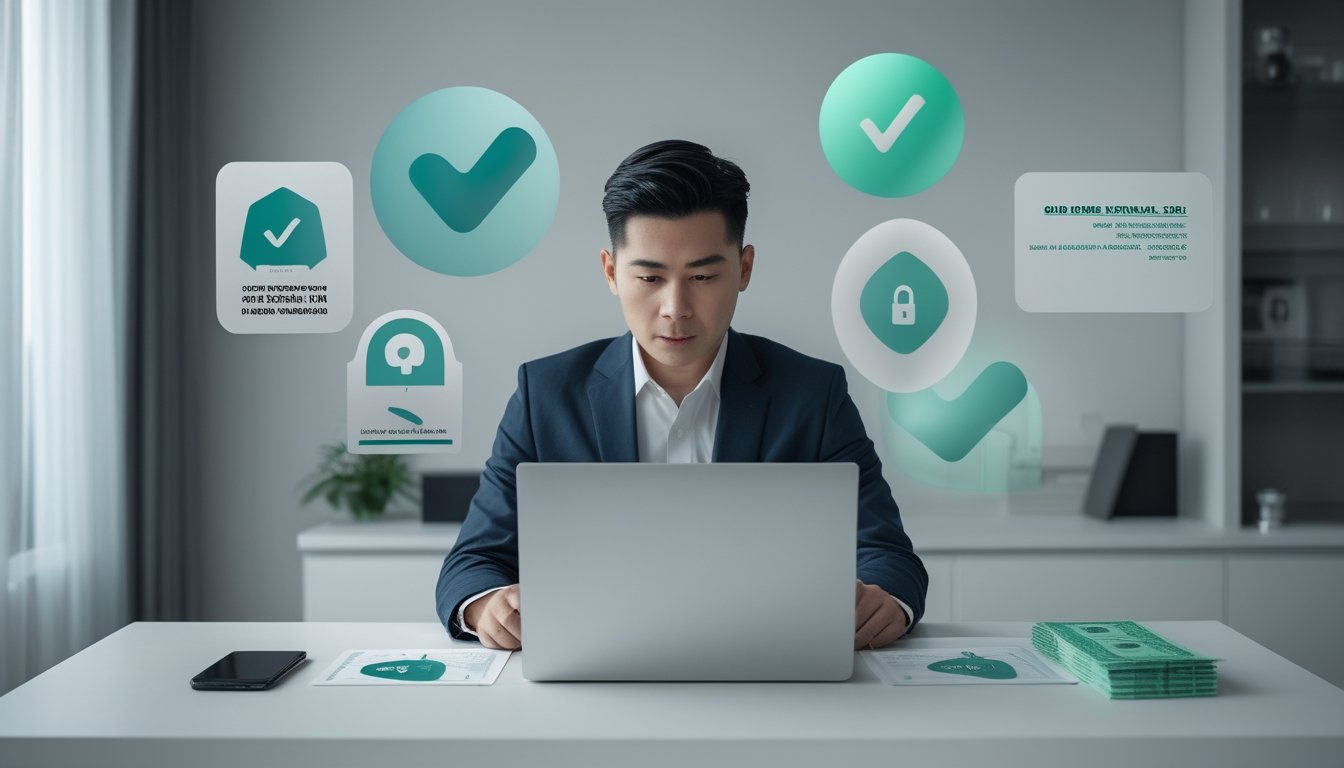 Seorang profesional menilai keamanan platform ceme online di meja kerja dengan laptop, ponsel, dan simbol perlindungan.