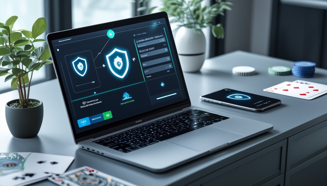 Laptop dan ponsel menampilkan antarmuka permainan kartu digital dengan simbol keamanan di meja kerja modern.