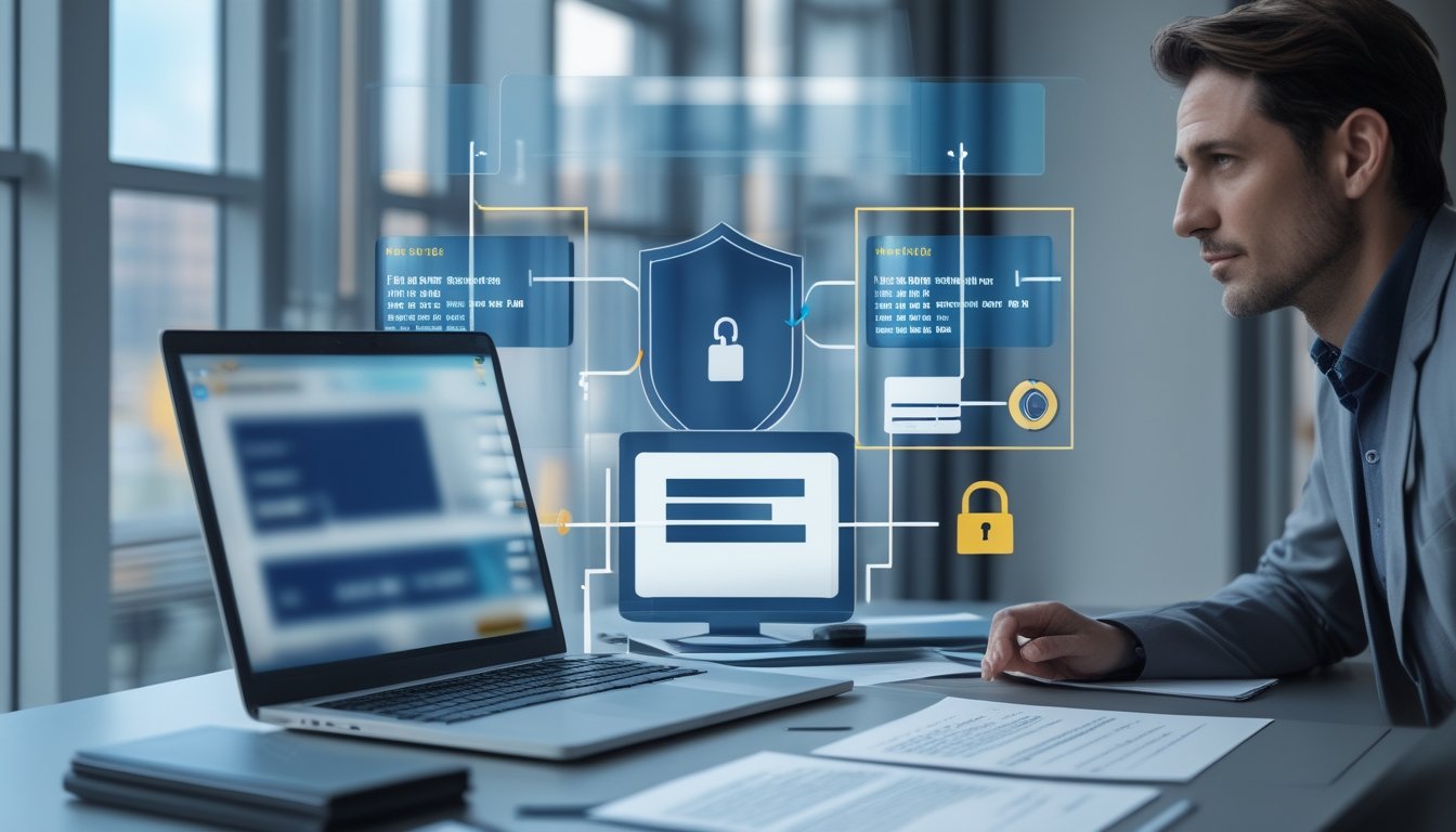 Seorang profesional meninjau dokumen legal dan keamanan digital di samping laptop serta ponsel.
