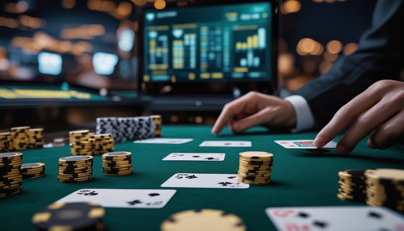 Meja blackjack dengan kartu, keping kasino, dan layar permainan digital di latar belakang.