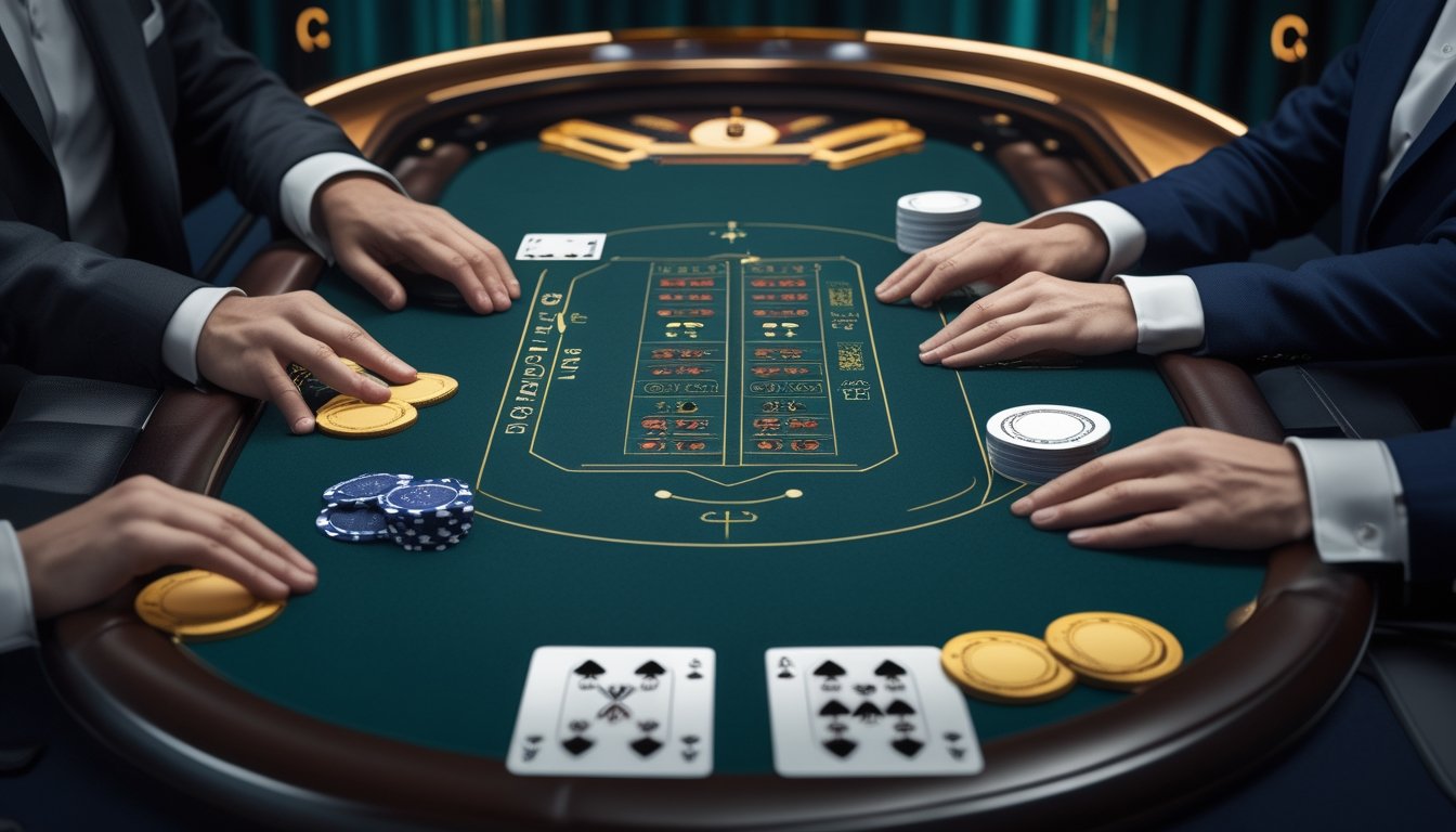 Meja blackjack dengan dua kartu dealer terbuka, kartu pemain, dan keping kasino dalam suasana kasino modern.