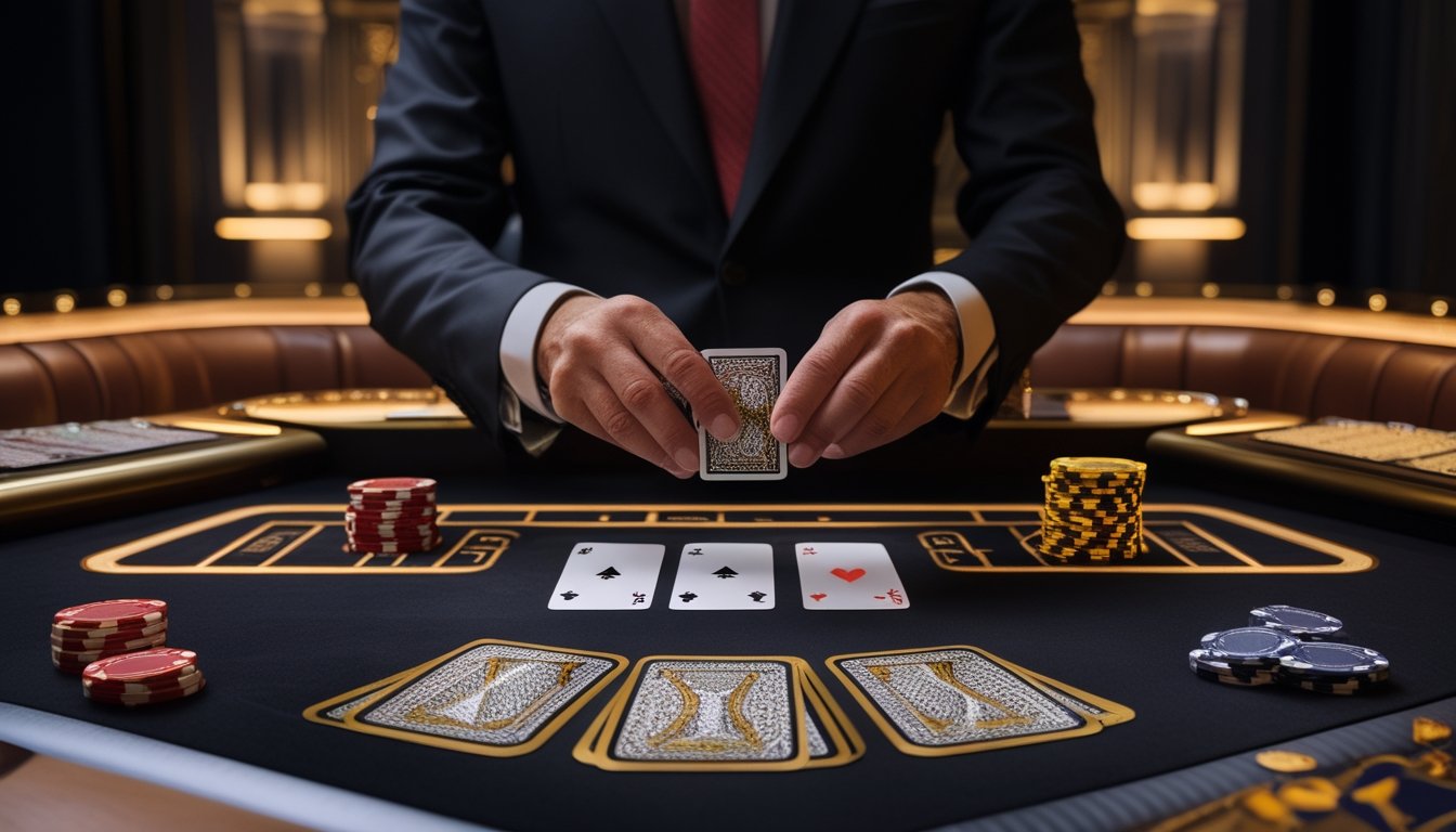 Meja blackjack dengan kartu, tumpukan keping kasino, dan tangan bandar dalam suasana kasino yang elegan.