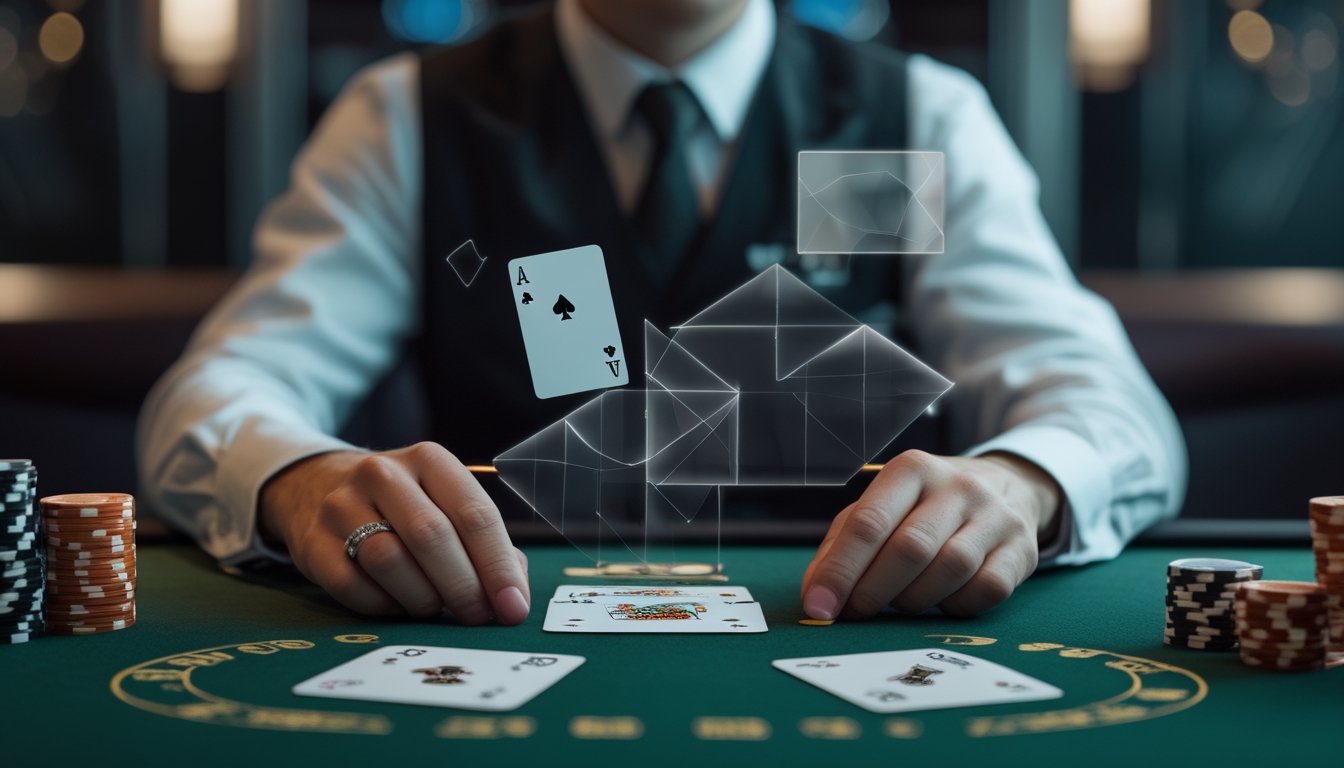 Dealer menata kartu blackjack di meja hijau dengan efek visual transparan yang menggambarkan konsep double exposure.