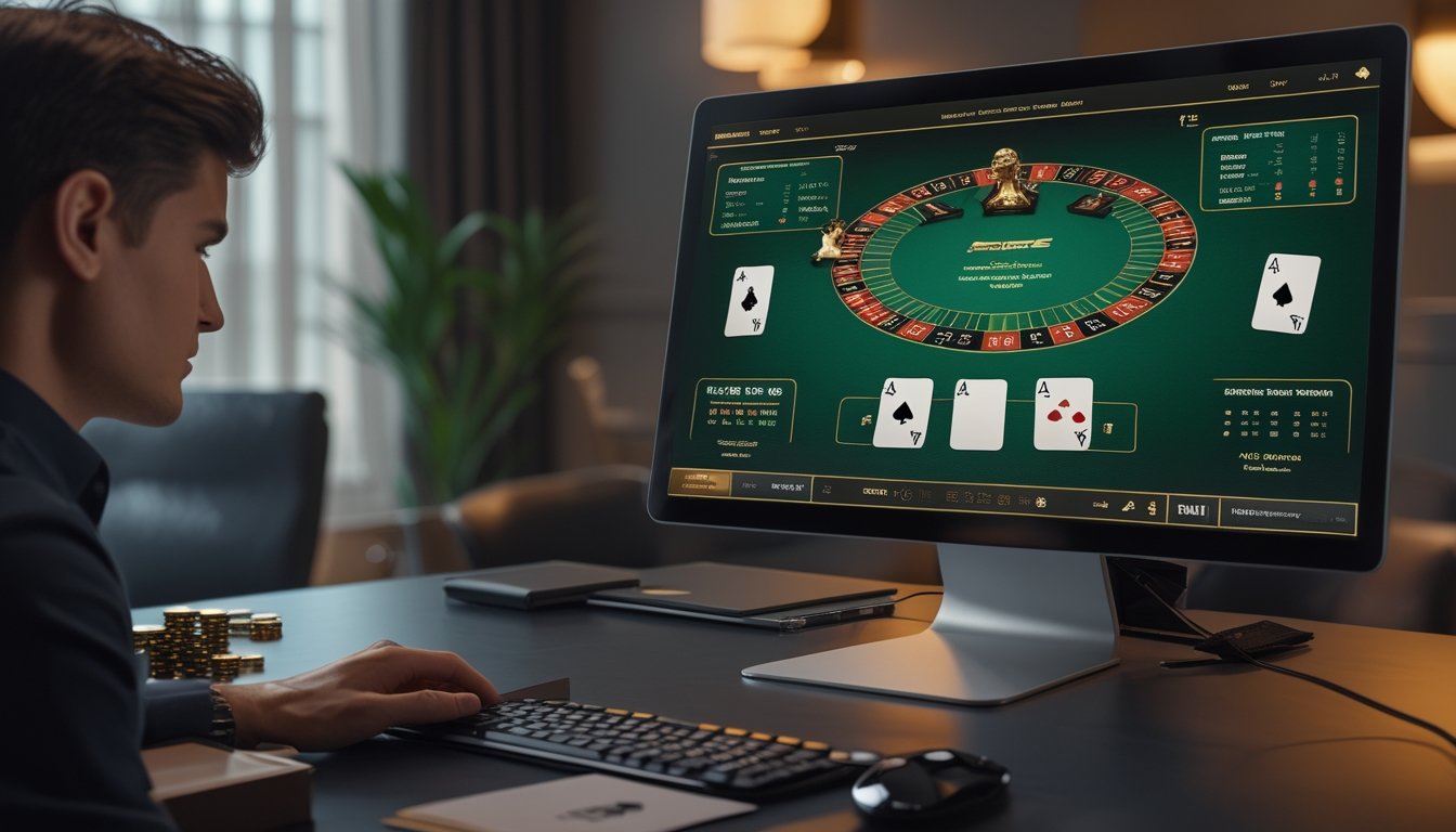 Seseorang memainkan blackjack online dengan kartu terbuka, chip kasino, dan komputer di meja kerja.