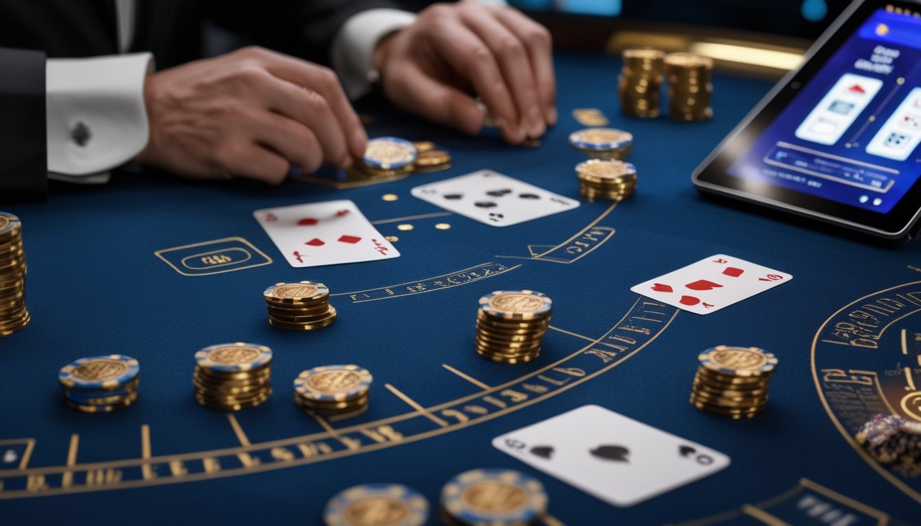 Meja blackjack dengan dua kartu dealer terbuka, kartu pemain, dan tumpukan chip kasino.